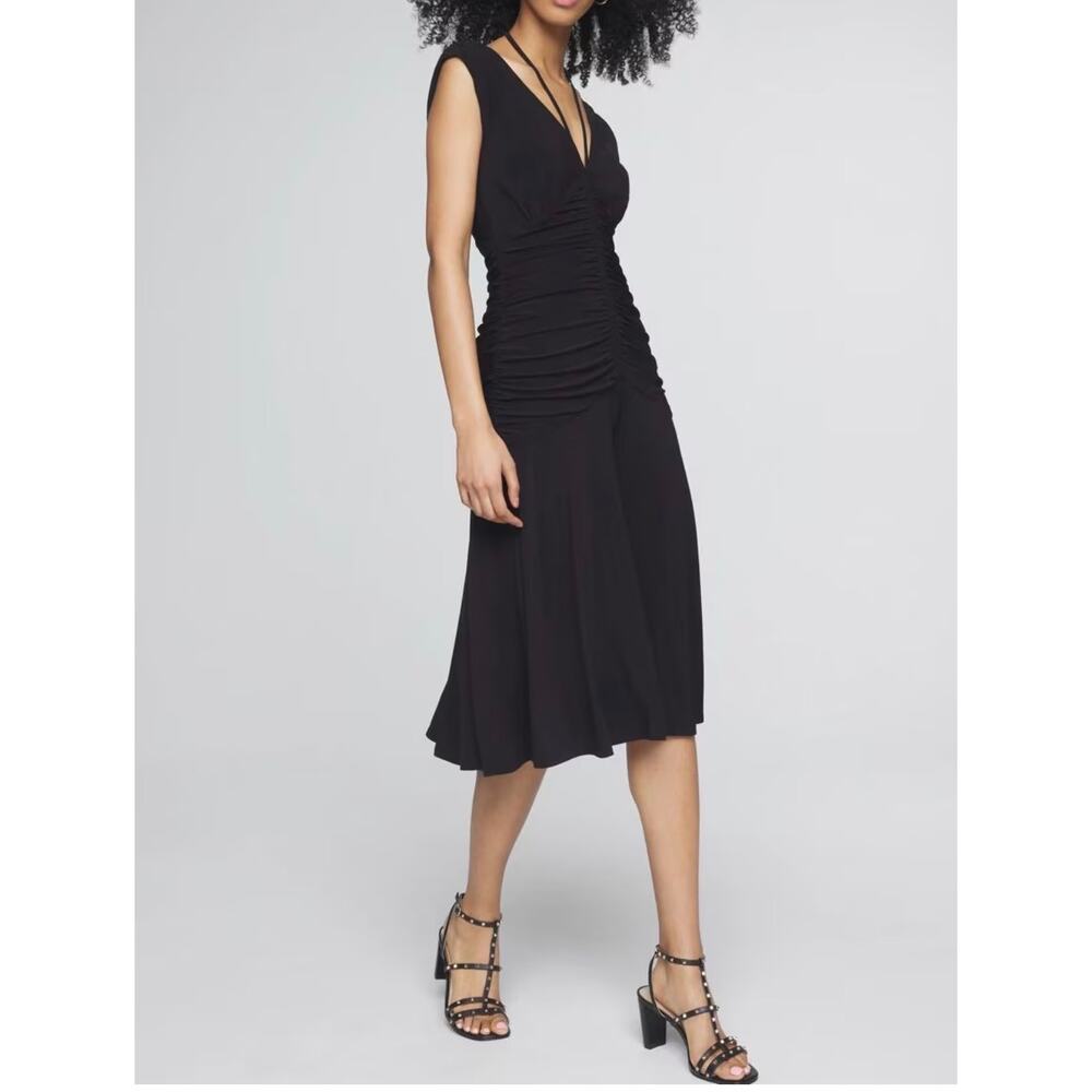 WHBM Black Ruched Midi Dress Size 6 Drop Waist V Neck Fit Flare Dress